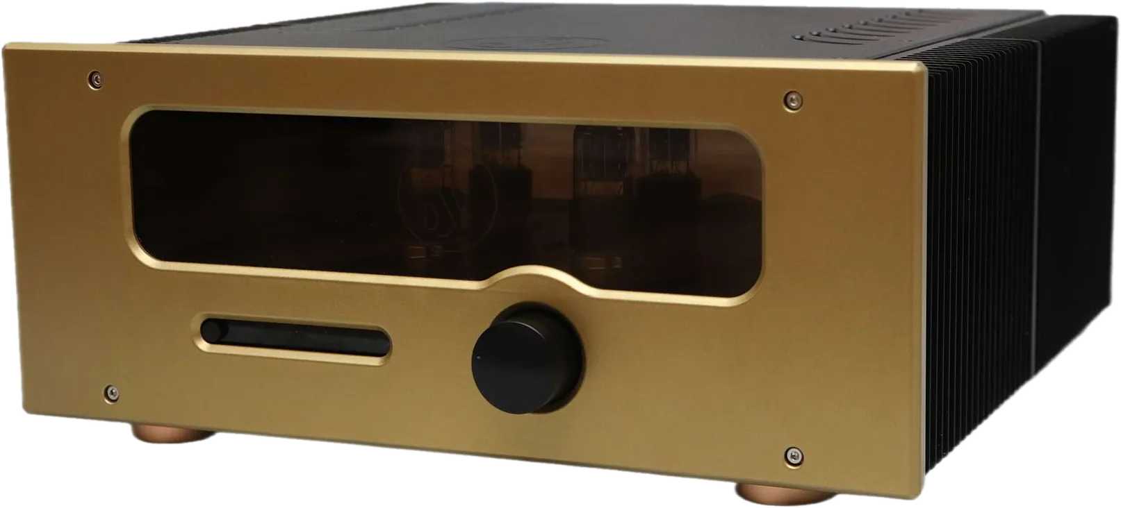 OSV Audio HT-120 from three quarters, brass fascia beside its black heatsink flank