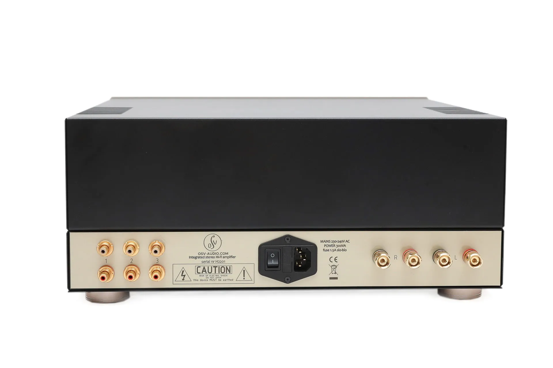 HT-50 rear panel with three RCA inputs, speaker terminals and the mains inlet