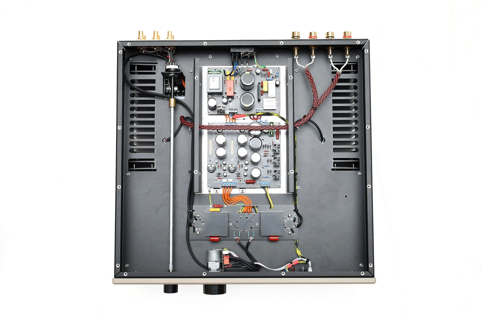 HT-50 seen from above with the cover removed, the power supply and preamp boards visible