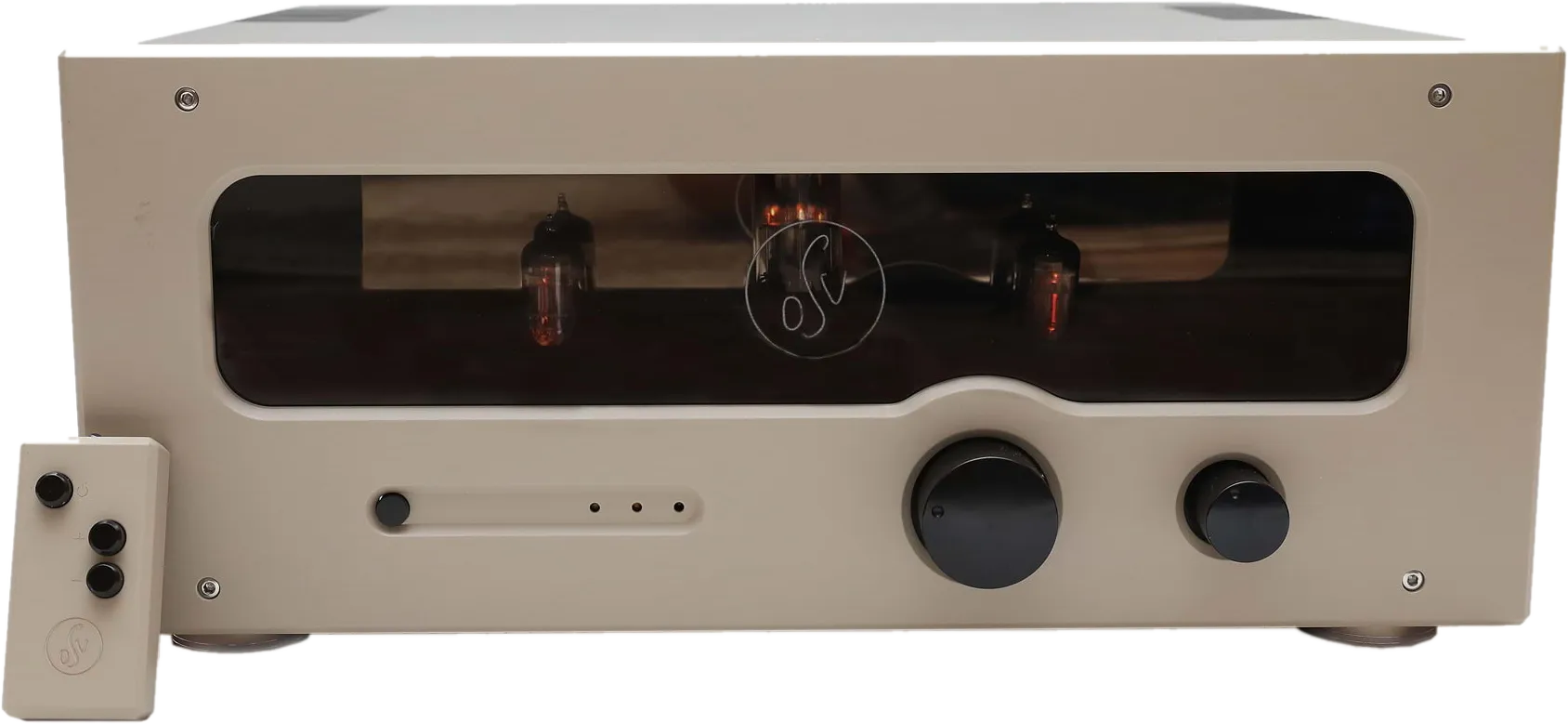 OSV Audio HT-50 from three quarters, champagne fascia and the window onto its three tubes, with the remote handset beside it