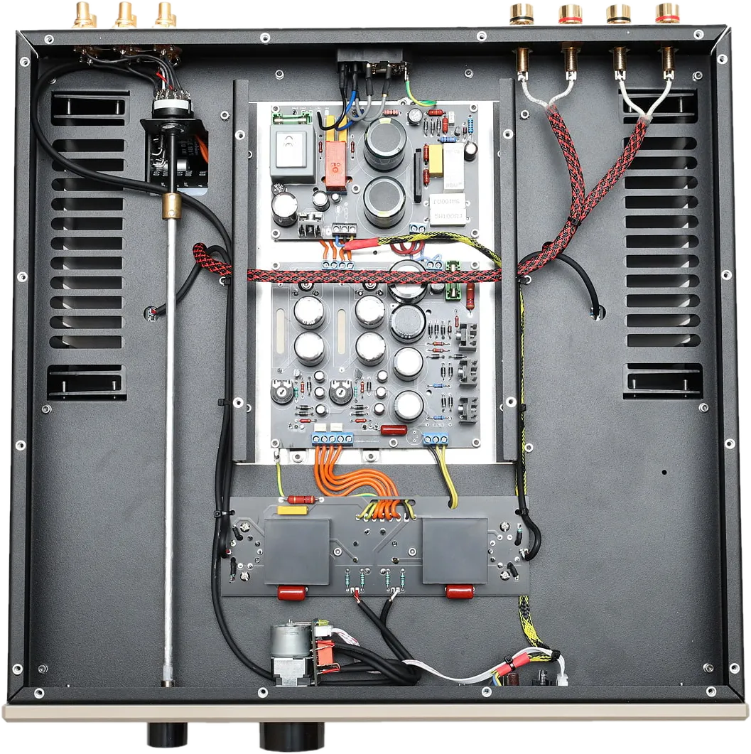 The HT-50 seen from above with its cover removed, showing the power supply and the preamp boards