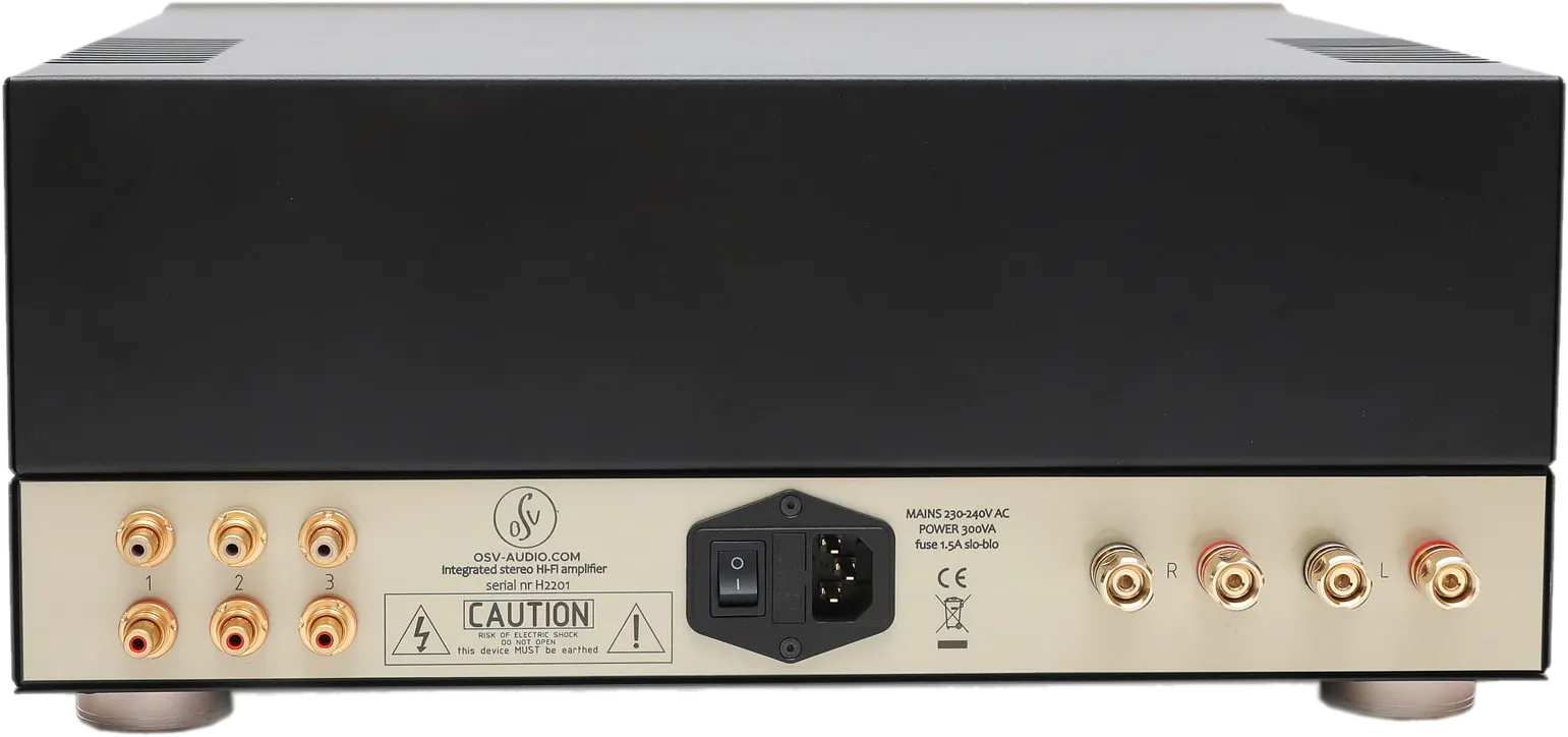 The HT-50 rear panel: three RCA line inputs, gold plated speaker terminals and the mains inlet